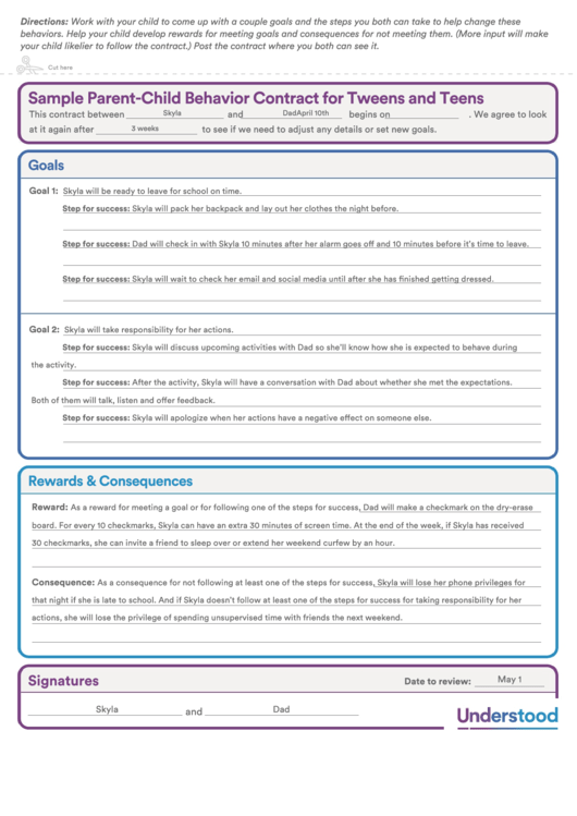 Sample Parent-Child Behavior Contract For Tweens And Teens Printable pdf