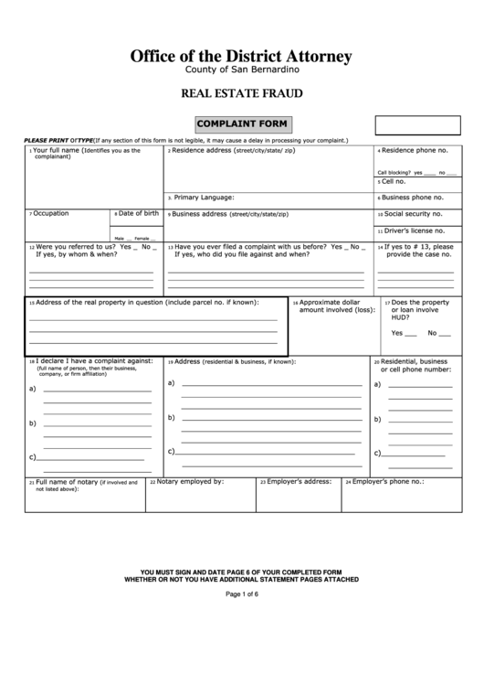 Real Estate Fraud Complaint Form Printable pdf