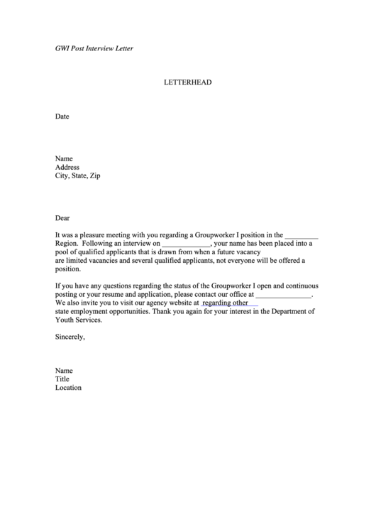 Post Interview Letter Printable pdf