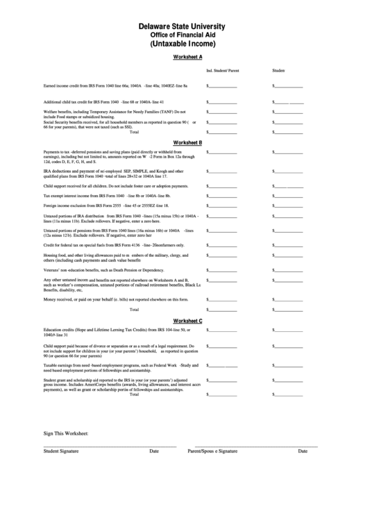Fafsa Worksheets A, B And C - Untaxable Income Printable pdf