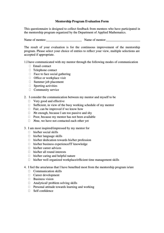 Mentorship Program Evaluation Form Printable pdf