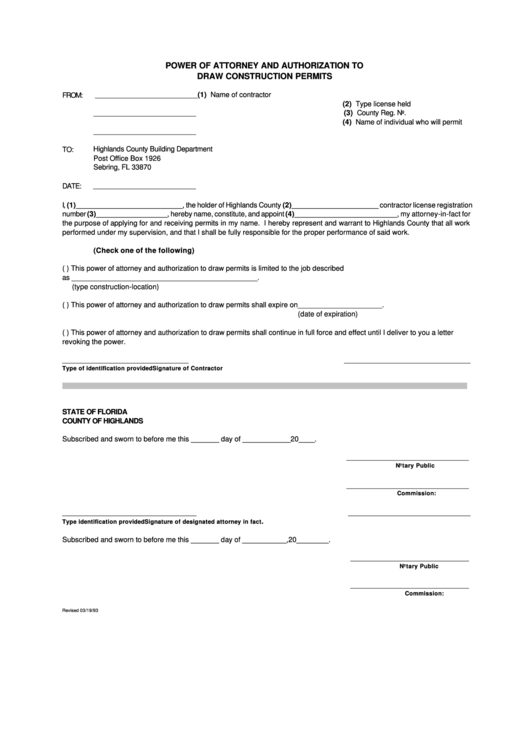 Power Of Attorney And Authorization To Draw Construction Permits Printable pdf