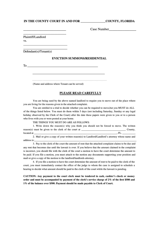 Eviction Summons/residential Florida County Court printable pdf download