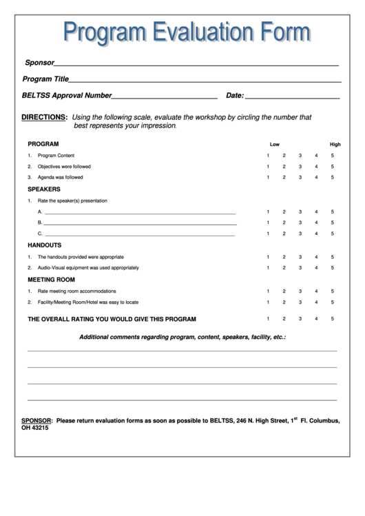 Program Evaluation Form Printable pdf