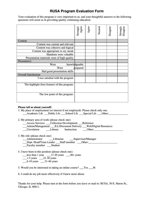 Rusa Program Evaluation Form Printable pdf