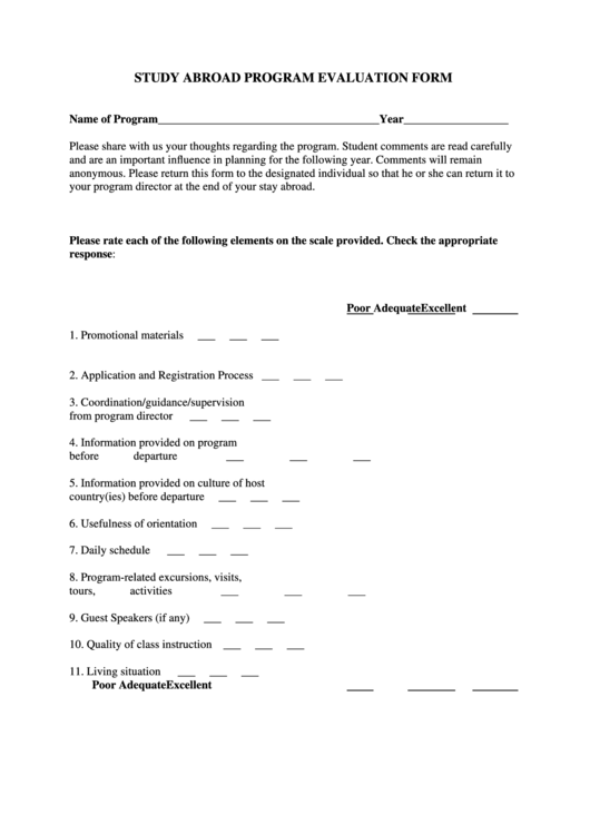 Study Abroad Program Evaluation Form Printable pdf