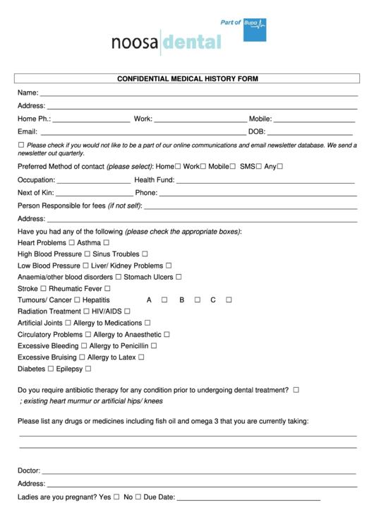 Confidential Medical History Form Printable pdf