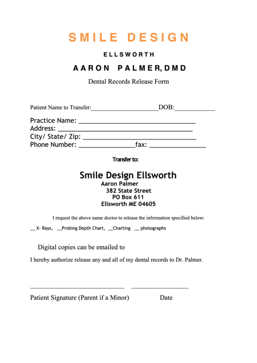 Smile Design Records Release Form - Smile Design Ellsworth Printable pdf