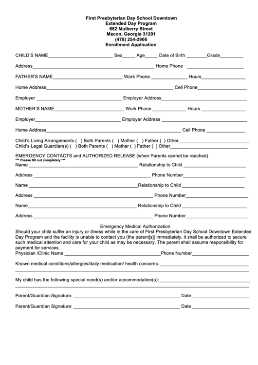 Downtown - Enrollment Form - First Presbyterian Day School Printable pdf
