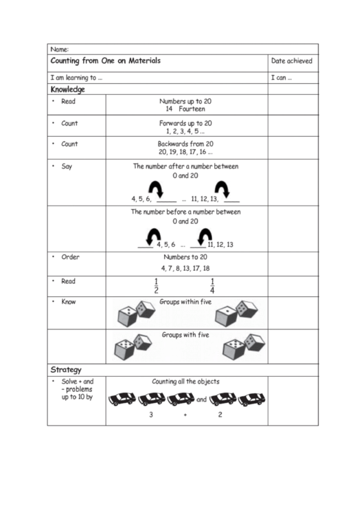 Counting From One On Materials Worksheet Printable pdf