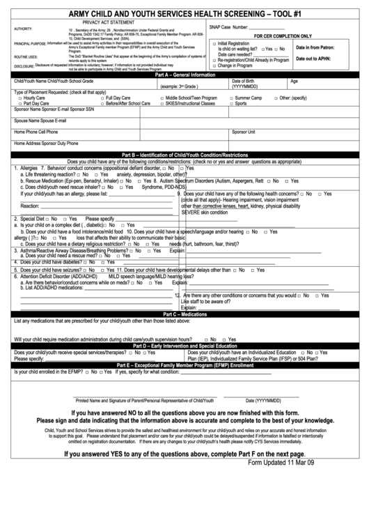 Fillable Army Child And Youth Services Health Screening Form Printable pdf