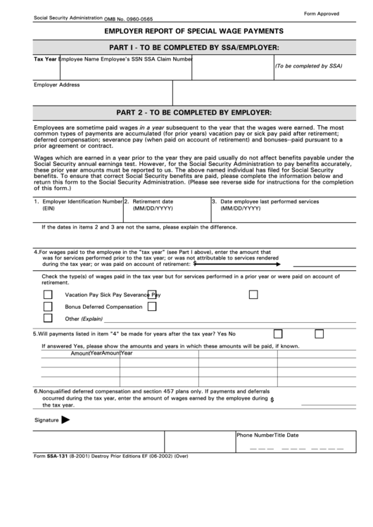 Form Ssa-131, Employer Report Of Special Wage Payments - Vision Payroll Printable pdf