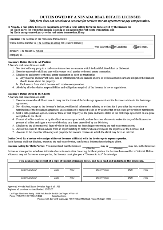 Duties Owed By A Nevada Real Estate Licensee printable pdf download