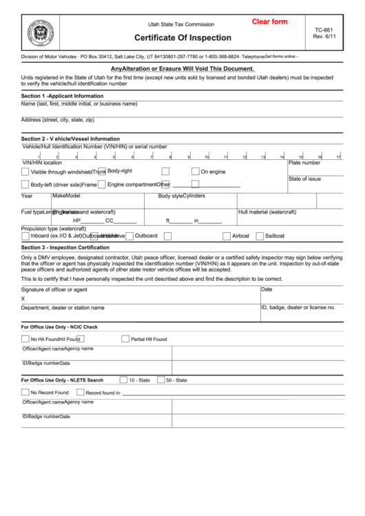 Fillable Form Tc-661 - Certificate Of Inspection Printable pdf