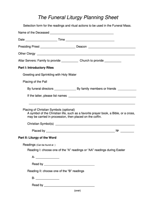 The Funeral Liturgy Planning Sheet printable pdf download
