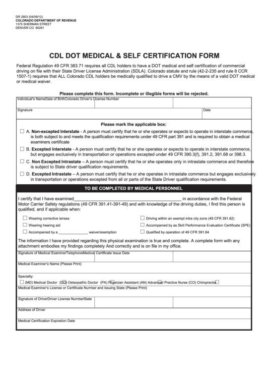Fillable Cdl Dot Medical & Self Certification Form Printable pdf
