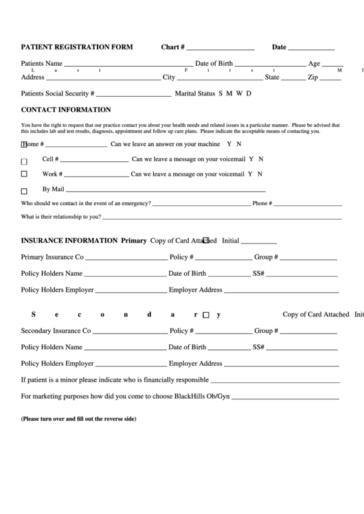 Patient Registration Form Chart - Black Hills Ob-Gyn Printable pdf
