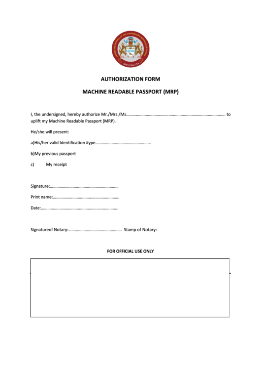 Authorization Form Machine Readable Passport (Mrp) Printable pdf