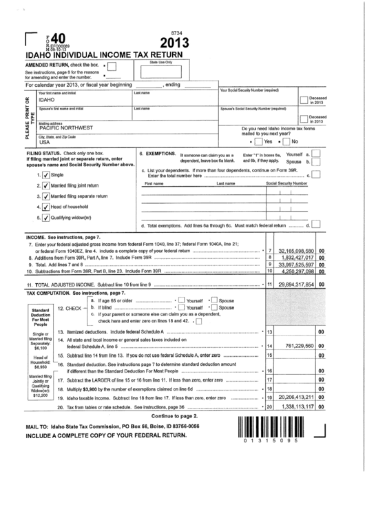 Form 40 With 2013 Values - Idaho Legislature Printable pdf