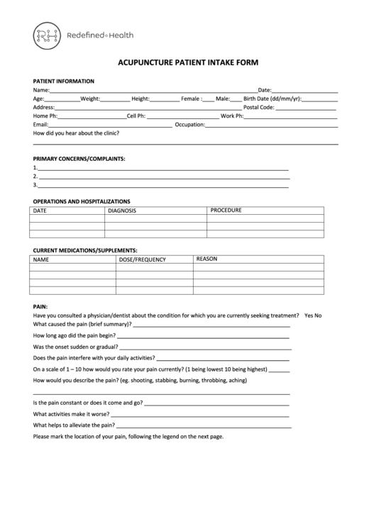Acupuncture Intake Form - Redefined Health Printable pdf