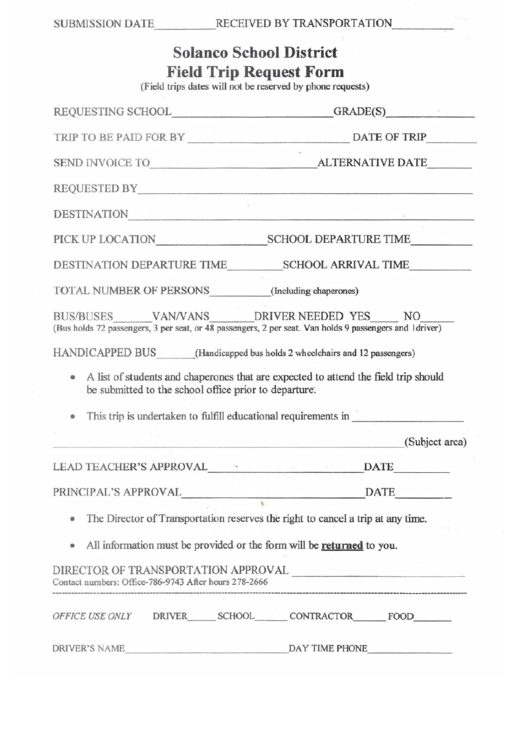 Field Trip Request Form - Solanco School District Printable pdf