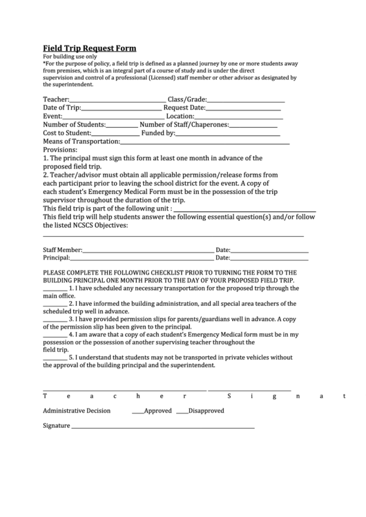 Field Trip Request Form - For Building Use Only Printable pdf