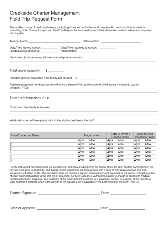 Field Trip Request Form - Creekside Charter School Printable pdf