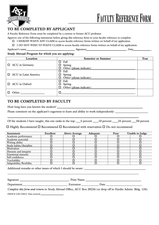 Fillable Faculty Reference Forms (Two Required) Printable pdf