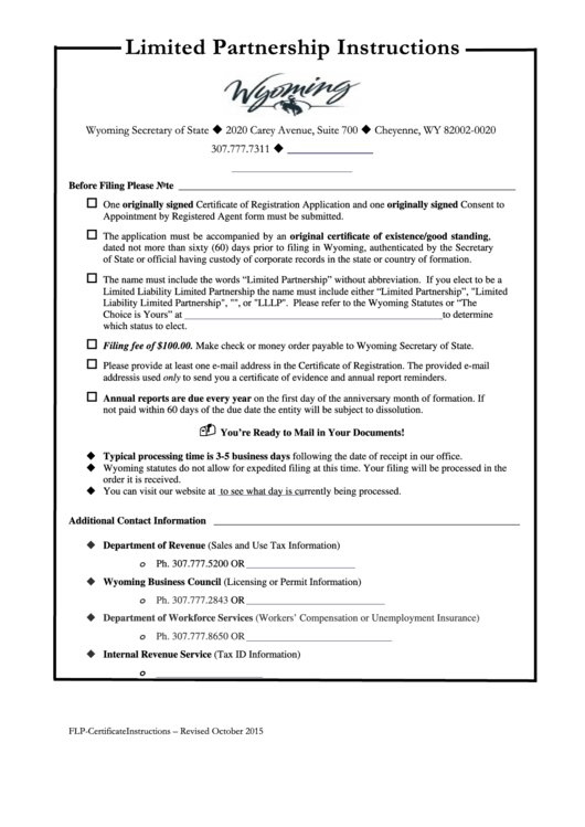 Fillable Foreign Limited Partnership Application For Certificate Of Registration - Wyoming Secretary Of State Printable pdf