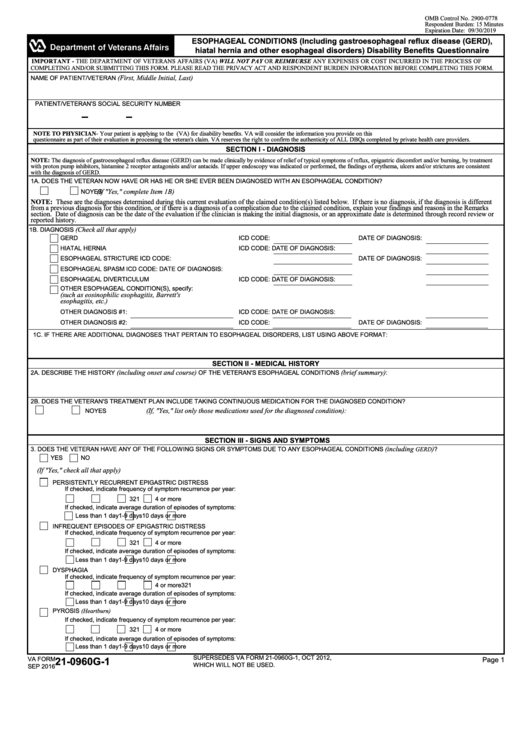 Fillable Va Form 21-0960g-1 - Esophageal Conditions (Including Gastroesophageal Reflux Disease (Gerd), Hiatal Hernia And Other Esophageal Disorders) Disability Benefits Questionnaire Printable pdf