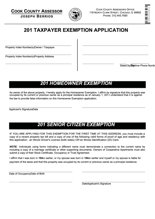 Fillable 201 Taxpayer Exemption Application Cook County Assessor Printable pdf