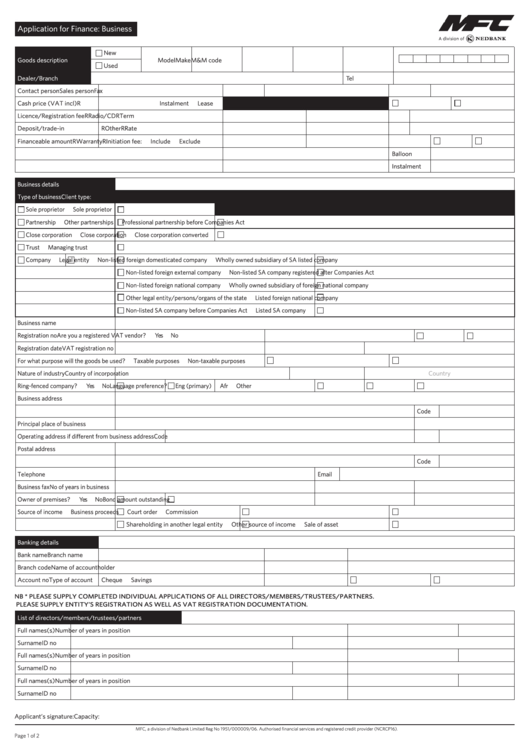Application For Finance: Business Printable pdf