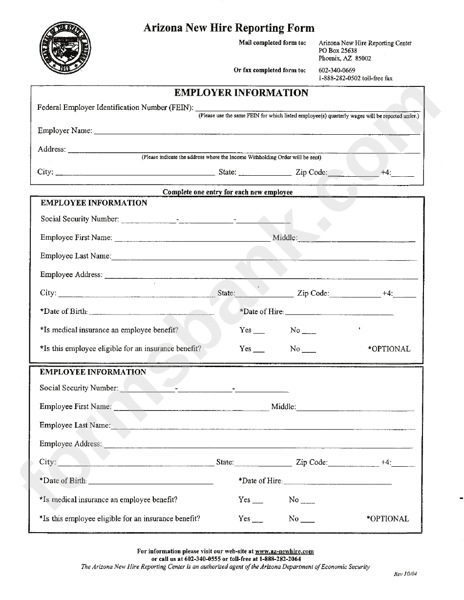 Arizona New Hire Reporting Form printable pdf download