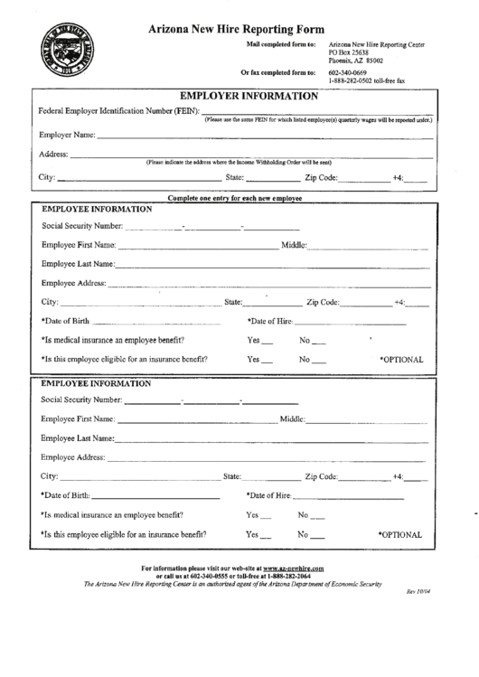 Arizona New Hire Reporting Form Printable pdf
