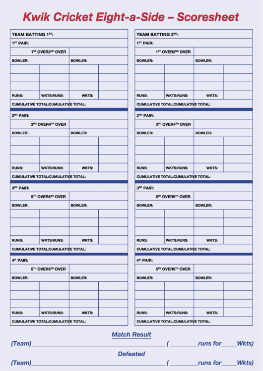 Kwik Cricket Eight A Side Scoresheet Kwik Cricket Eight A Side