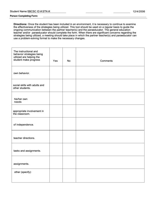 Student Evaluation Form printable pdf download