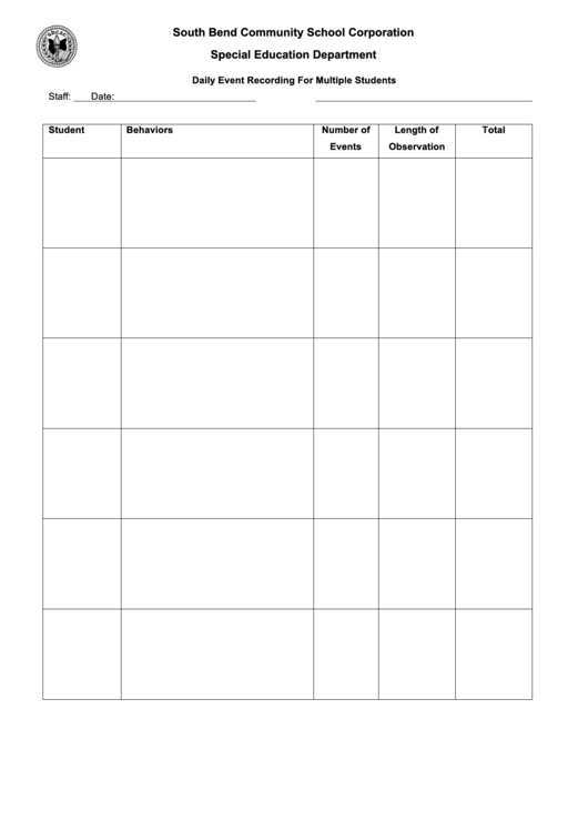 Daily Event Recording For Multiple Students Printable pdf