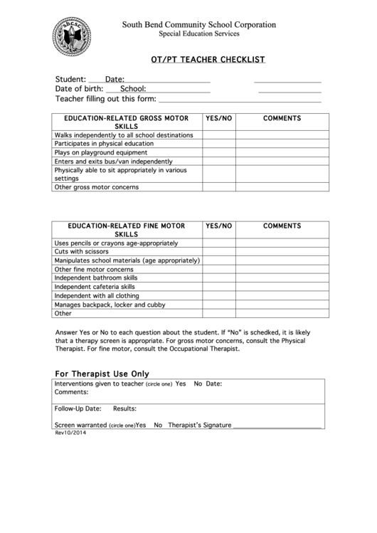 Ot/pt Teacher Checklist Printable pdf
