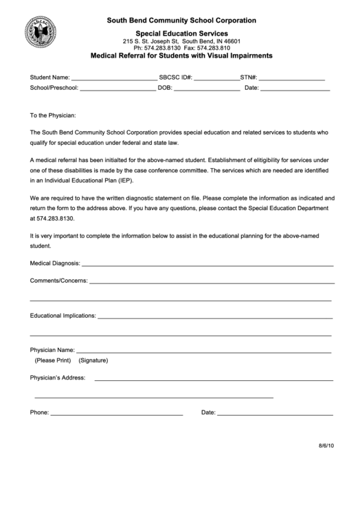Medical Referral For Students With Visual Impairments Printable pdf