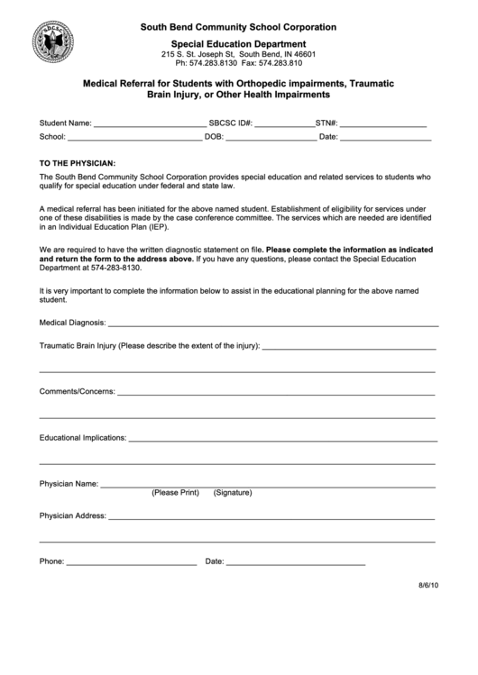 Medical Referral For Students With Orthopedic Impairments, Traumatic Brain Injury, Or Other Health Impairments Printable pdf
