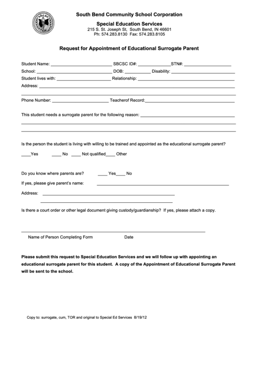 Request For Appointment Of Educational Surrogate Parent Printable pdf