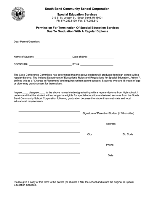 Permission For Termination Of Special Education Services Due To Graduation With A Regular Diploma Printable pdf
