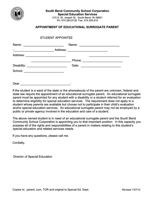 Appointment Of Educational Surrogate Parent Printable pdf
