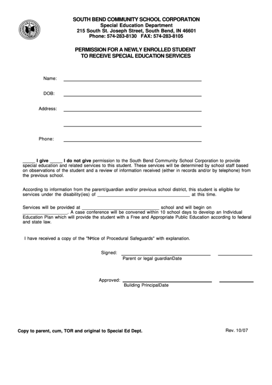 Fillable Permission For A Newly Enrolled Student To Receive Special Education Services Printable pdf