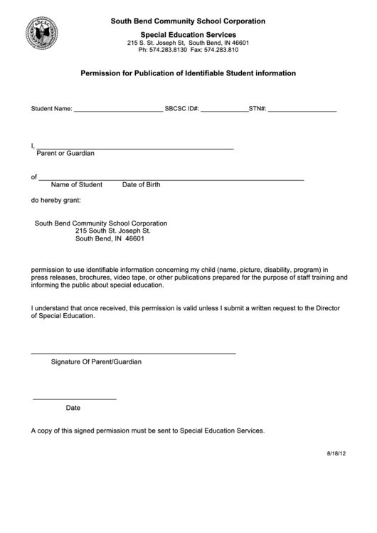 Permission For Publication Of Identifiable Student Information Printable pdf