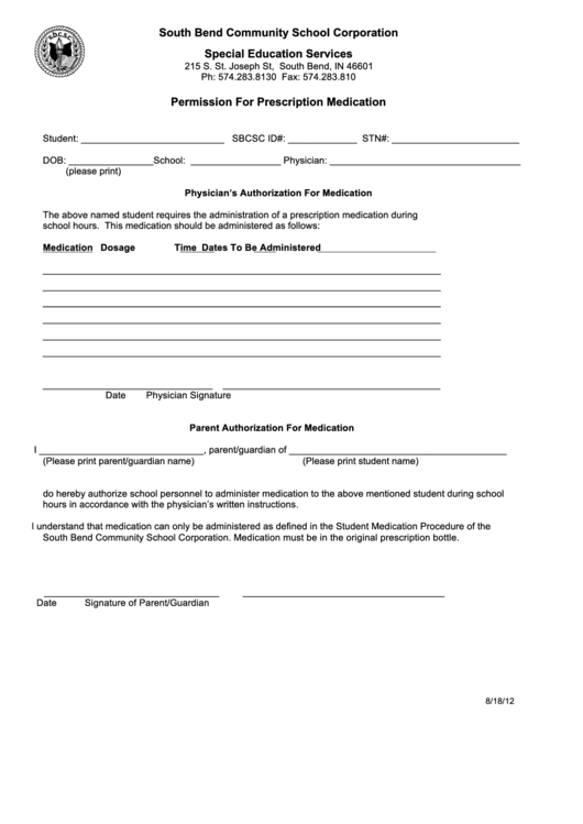 Permission For Prescription Medication Printable pdf