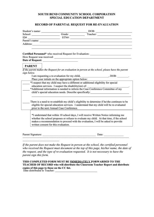 Fillable Record Of Parental Request For Re-Evaluation Printable pdf