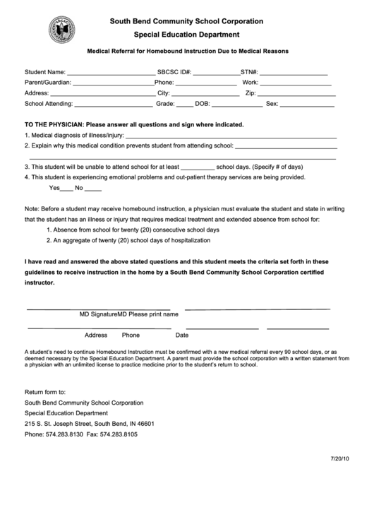 Medical Referral For Homebound Instruction Due To Medical Reasons Printable pdf