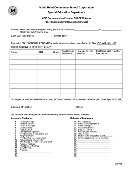 Fillable Ceis Documentation Form For Success Class Printable pdf