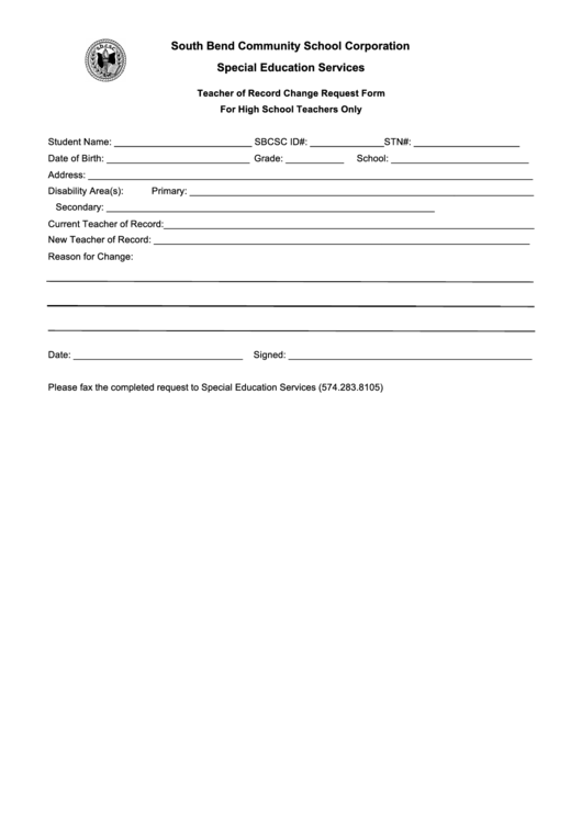 Teacher Of Record Change Request Form For High School Teachers Only Printable pdf